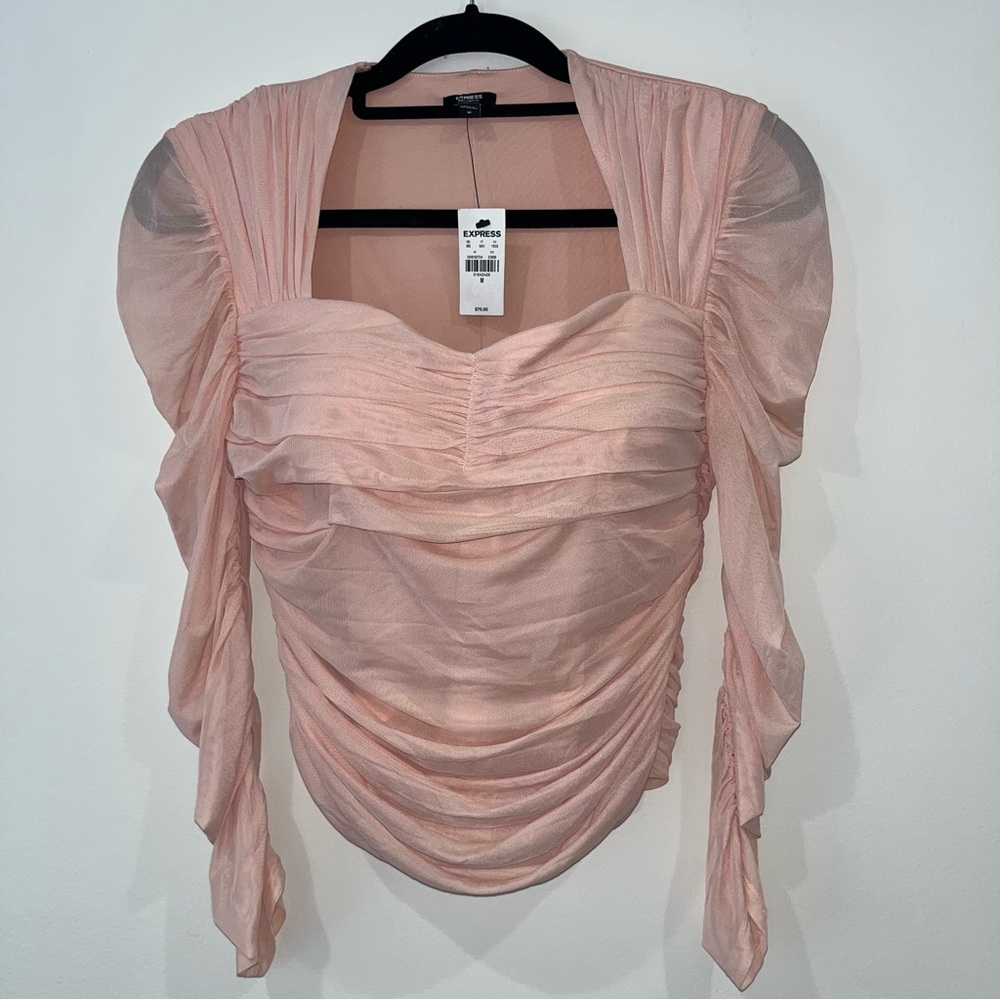 Express Body Contour Runched long sleeve mesh top Blush Pink size M NWT